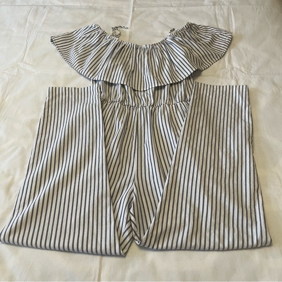 H&M Off-the-Shoulder Striped Jumpsuit 100% Cotton Side Pockets Elastic Neck Sz 6 - Picture 15 of 15